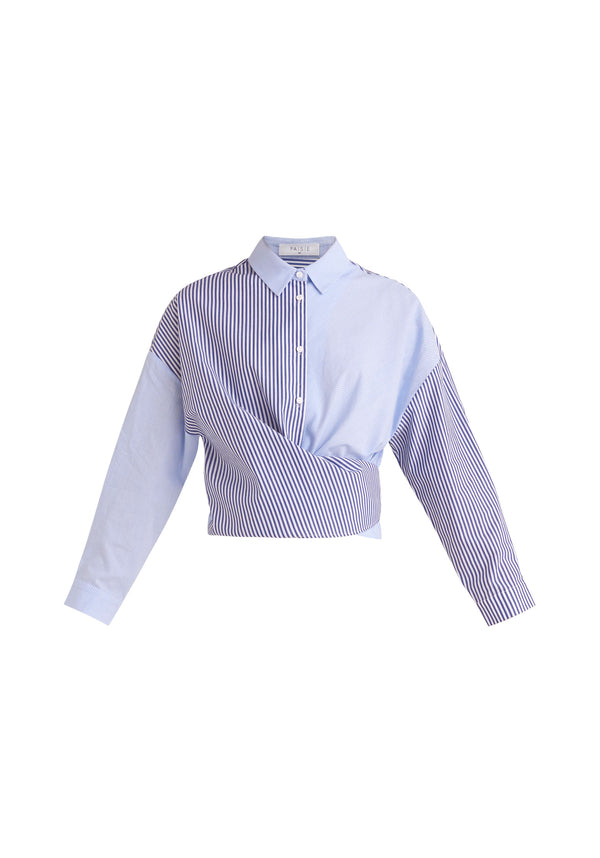 Paisie Contrast Stripe Wrap Shirt in Blue and White Cut Out